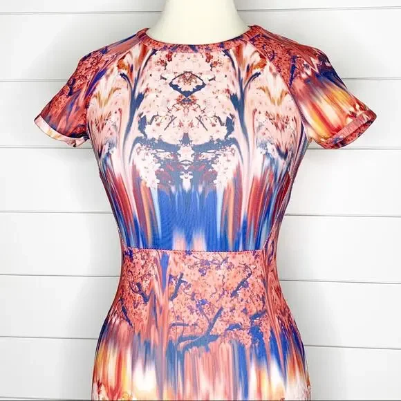 ZARA Collection Cherry Blossom Sheath Dress Pink Blue Size Small - Picture 3 of 9